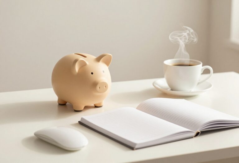 A piggy bank and notebook on a desk, representing frugal habits and money routine.