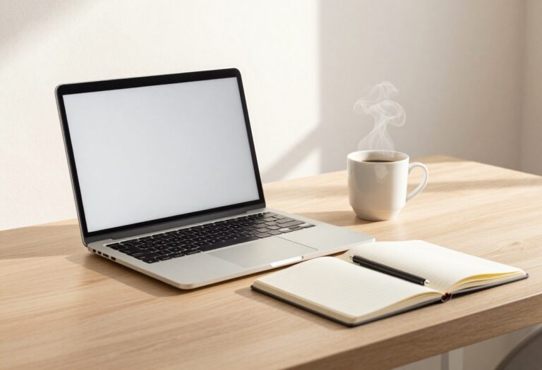 Workspace with laptop and coffee, representing online money making