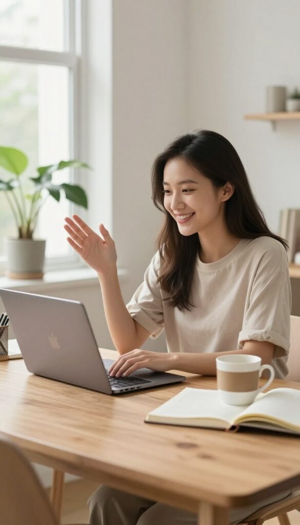 Online tutoring setup with laptop, coffee, and notebook in a bright home office