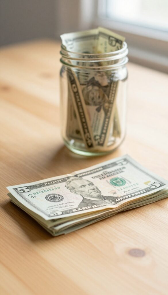 A glass jar filled with $5 bills on a wooden table, soft natural lighting, photorealistic style.