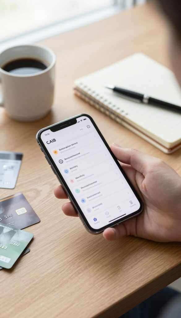 Hand holding smartphone displaying subscription charges with notebook and credit cards on desk