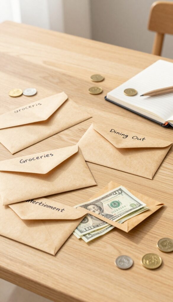 Cash envelopes for variable expenses on a wooden table with natural light