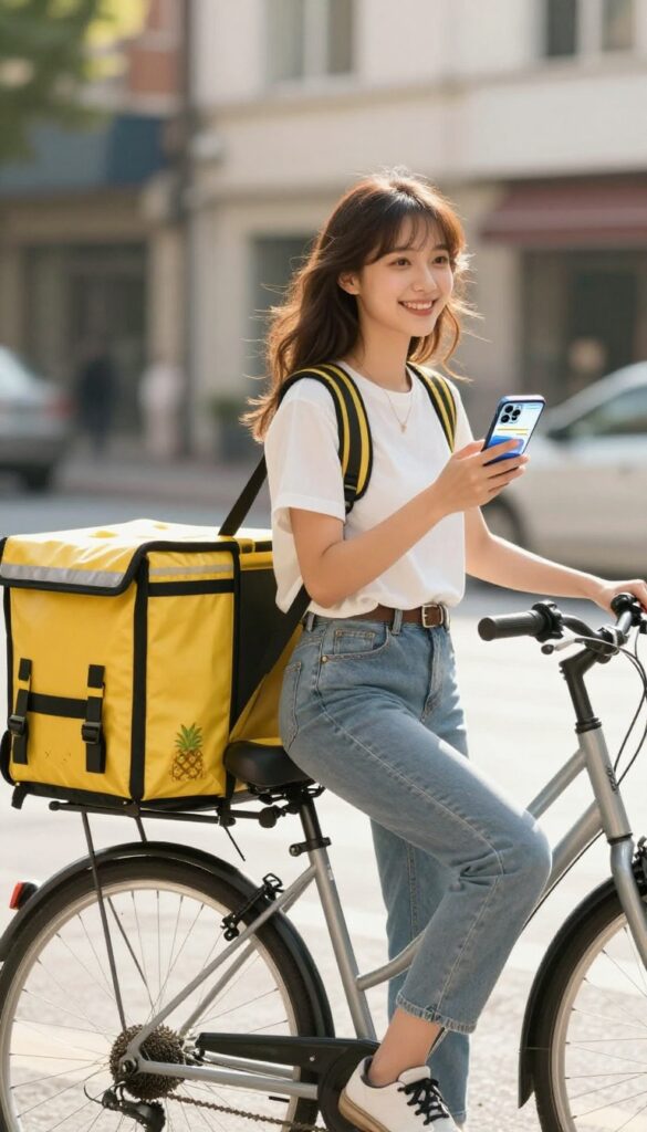 Person on a bicycle with a delivery bag, holding a smartphone, ready for a delivery side hustle