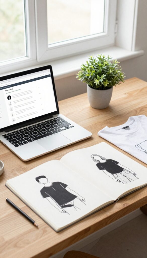Flat lay of a desk with laptop, sketchbook, t-shirts, mug, and plant for print-on-demand side hustle