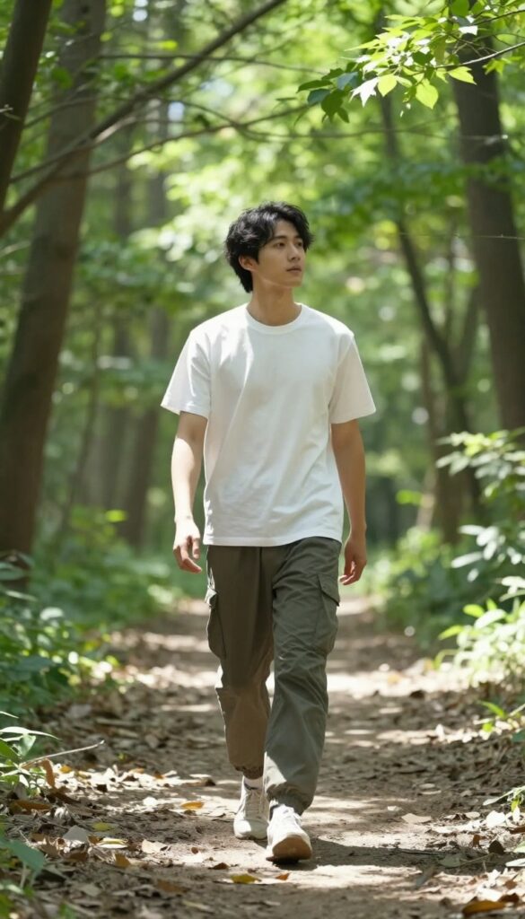 A person enjoying a tech-free walk in a sunlit forest, embodying mindful self-care.
