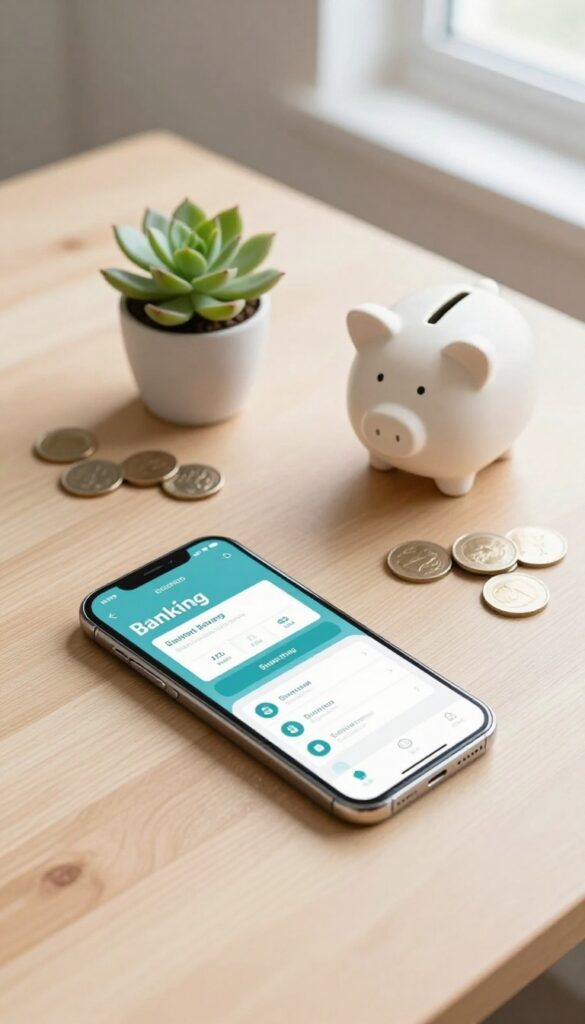 A desk scene with a smartphone displaying a banking app, a succulent, coins, and a piggy bank in natural light.