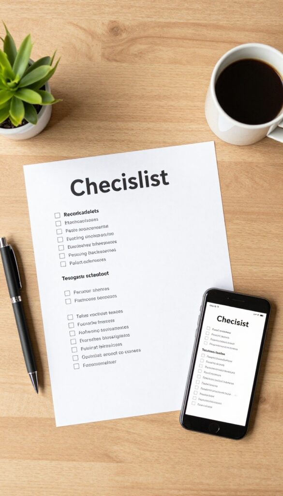 Flat lay of a printed checklist on a wooden desk with pen, smartphone, coffee, and plant, bright natural light