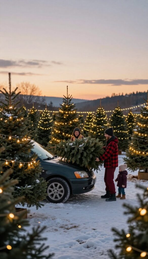 Christmas tree lot worker helping a family load a tree onto their car