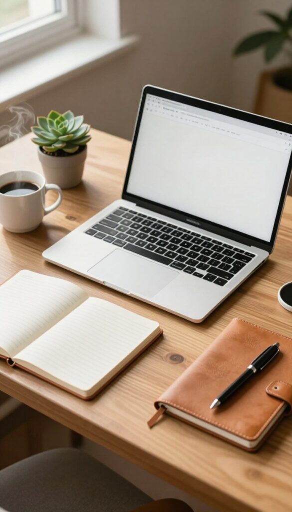 A clean desk with a laptop, coffee, notebook, and plant, representing a freelance writing workspace.