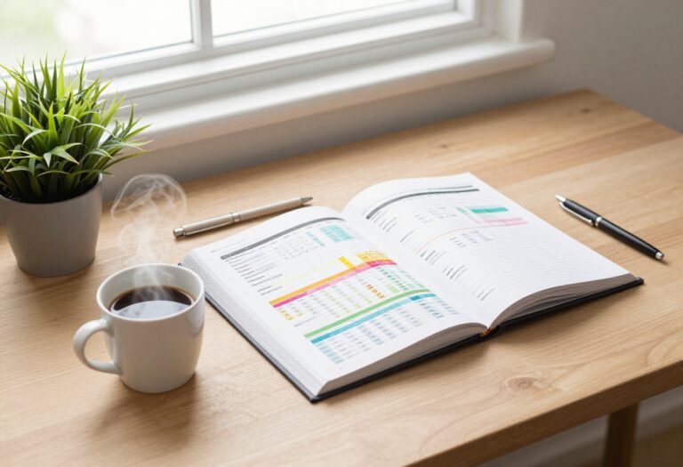 A desk setup with a budget binder open to a printable page, coffee cup, and pen.