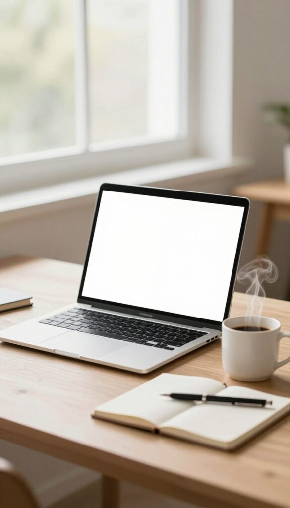 A minimalist desk with a laptop, coffee, notebook, and pen in natural light, representing freelance writing.