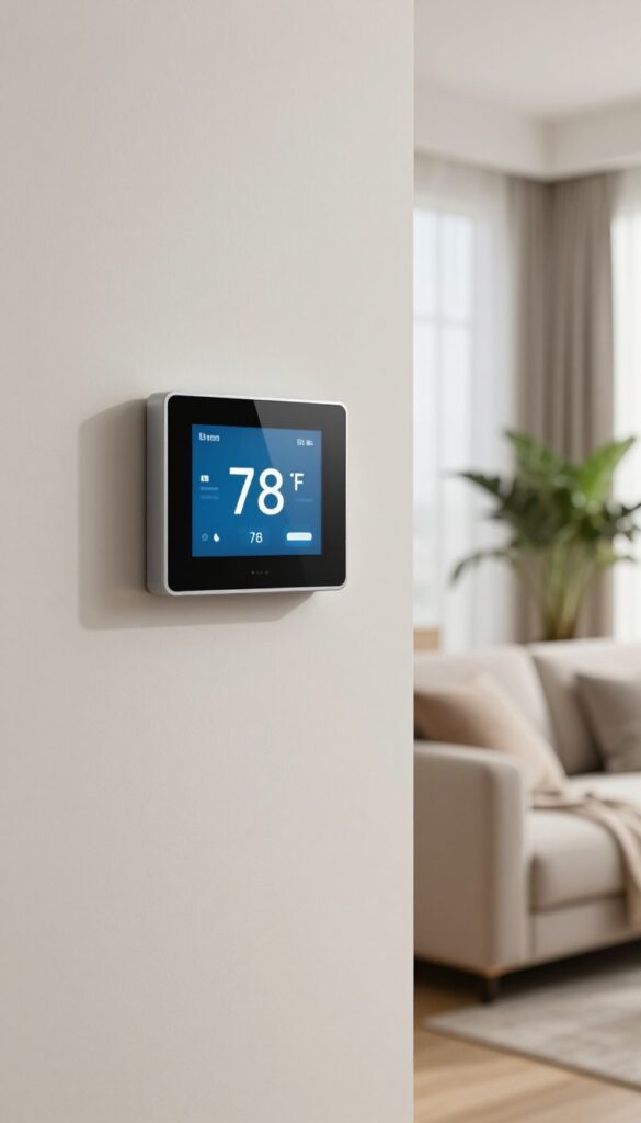 Smart thermostat on a wall in a bright modern living room