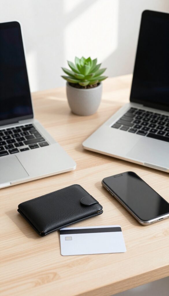 Desk with laptop, succulent, coffee, wallet, and a separate bank card for a side hustle account