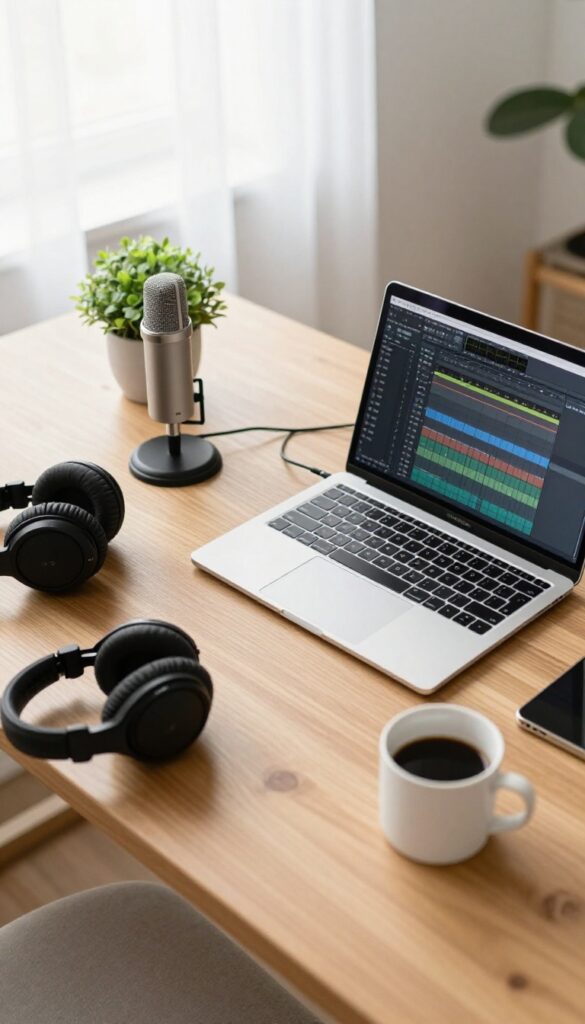 Home podcast recording setup with microphone, laptop, and headphones on a wooden desk
