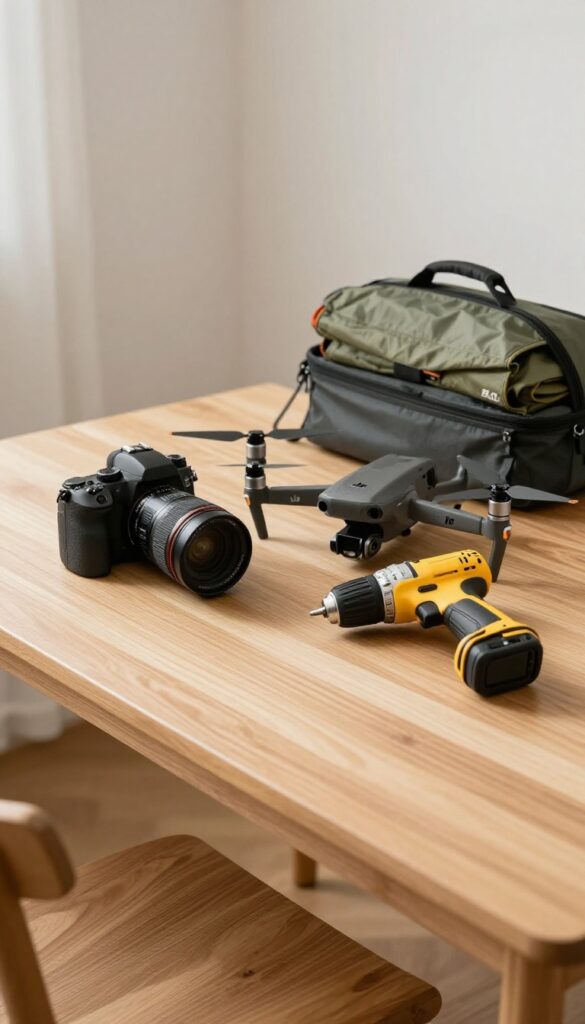 A neatly arranged wooden table with a DSLR camera, drone, power drill, and camping tent in a sunlit room, representing renting out belongings on Fat Llama.