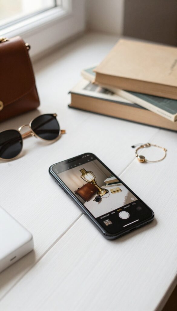 Flat lay of items to sell online, including a smartphone, sunglasses, handbag, books, electronics, and jewelry on a white wooden table.