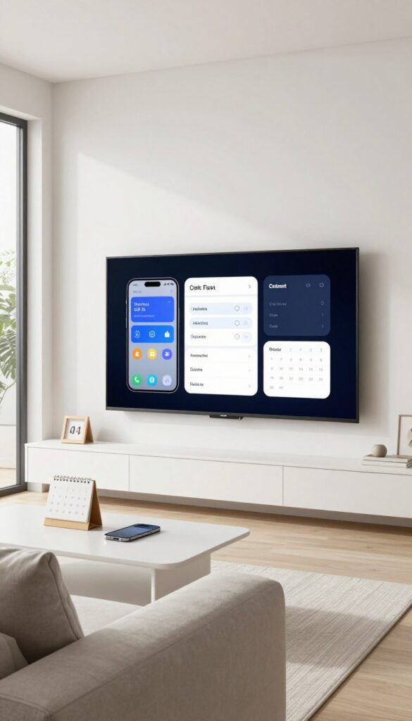 A bright living room with a TV, sofa, and coffee table showing a smartphone with a price tracking app and a marked calendar, representing waiting for sales on big purchases.