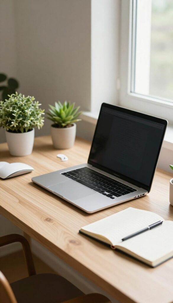 Minimalist desk with older tech devices, plants, and notebook in natural light