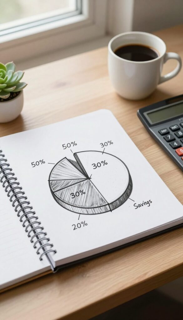 Flat lay of a notebook with a hand-drawn 50/30/20 budget pie chart, calculator, coffee, and succulent on a desk.