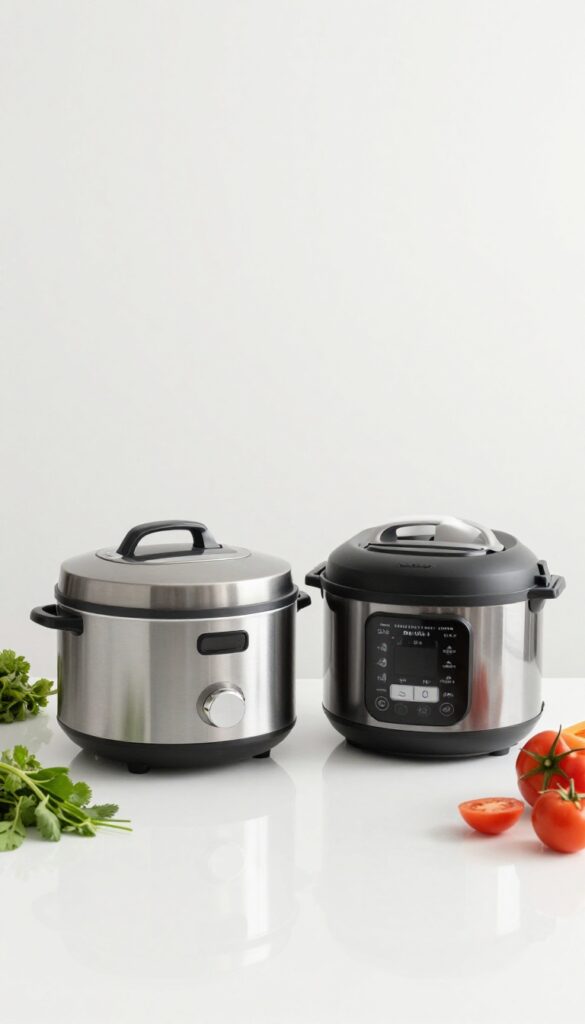Comparison of a slow cooker and an Instant Pot on a bright kitchen counter with fresh ingredients.