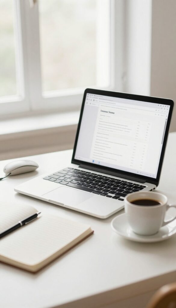 Desk with laptop, coffee, and notebook for language translation side hustle