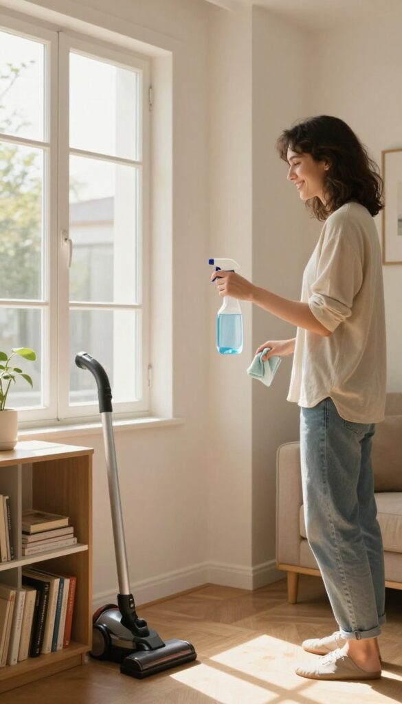 Spring cleaning helper smiling with cleaning supplies in a bright, organized living room