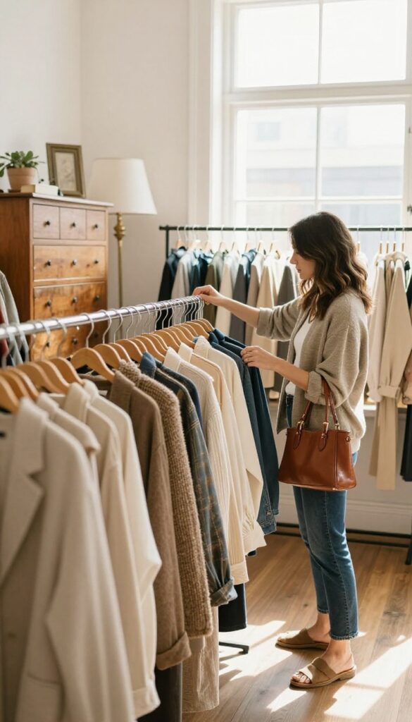 Woman shopping secondhand in a thrift store with natural light and neatly arranged clothing racks.