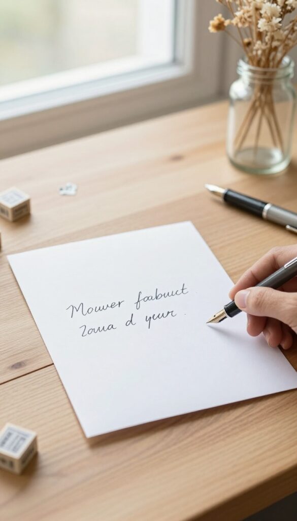 Handwritten letter and homemade card on wooden table with pen and dried flowers