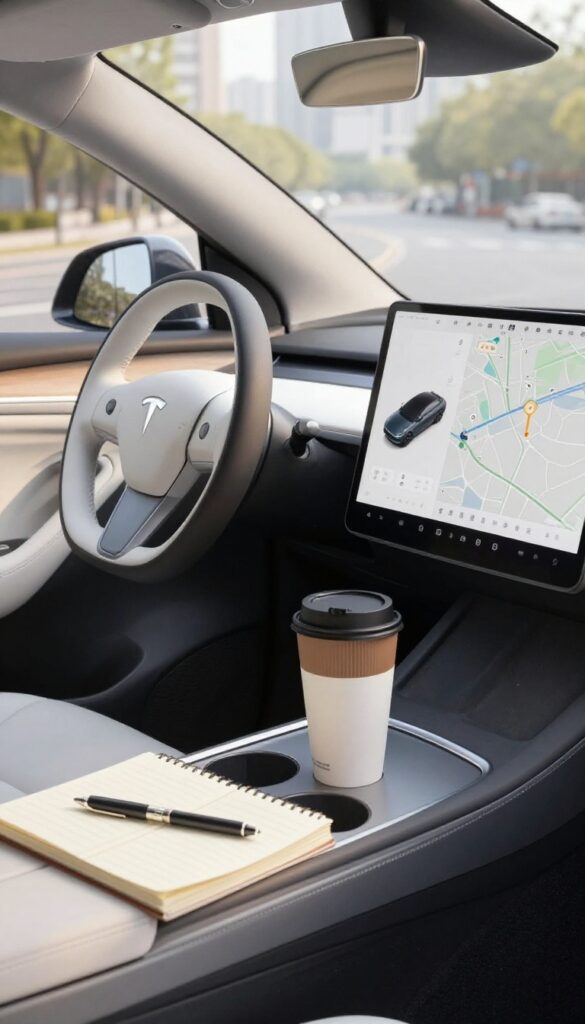 Car dashboard with smartphone, coffee, and notebook, representing transportation budget tracking