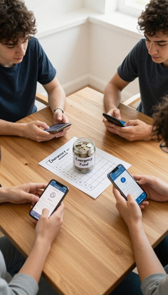 Friends participating in a savings challenge, tracking progress on phones with a jar of money and a chart on the wall.