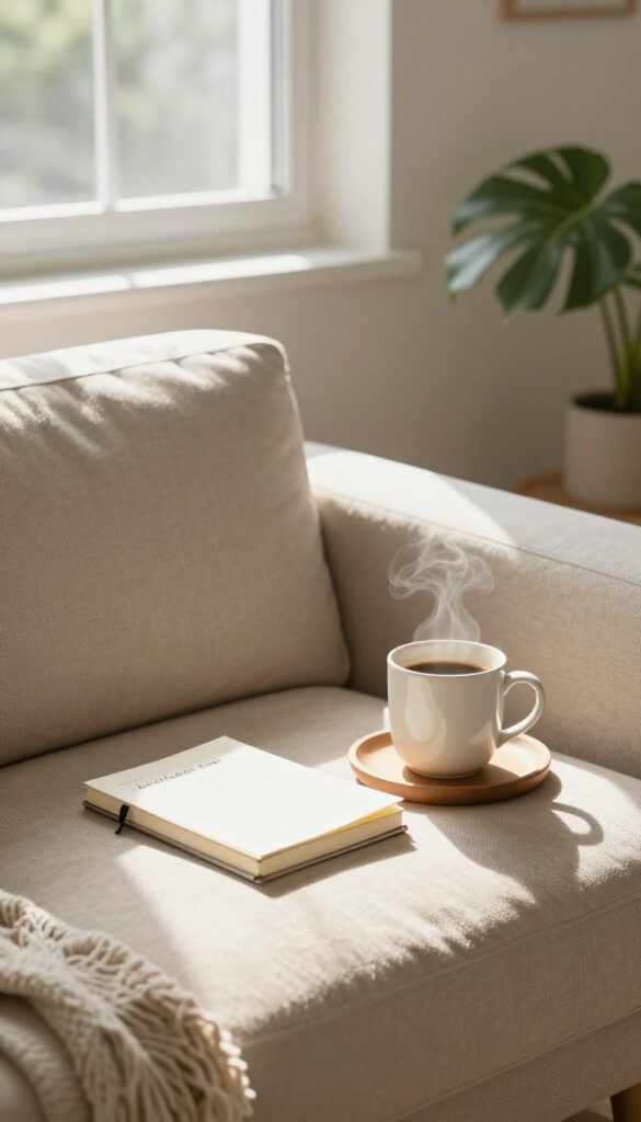 Cozy living room with gratitude journal on side table, natural light, warm atmosphere