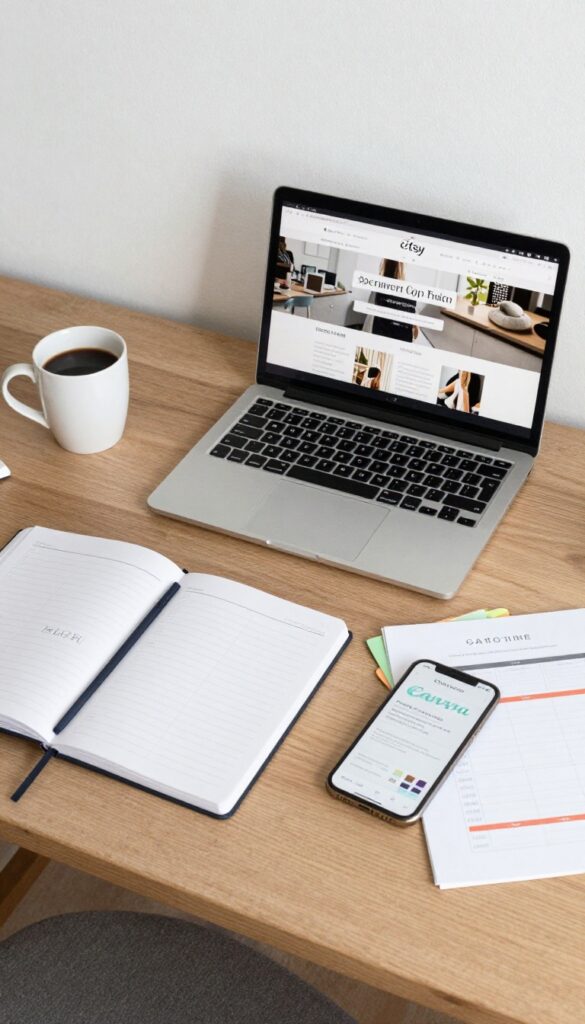 Overhead view of a desk with laptop, coffee, notebook, and planner pages for selling digital products on Etsy.