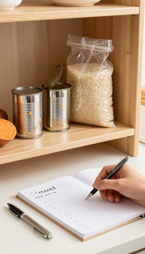 Pantry audit with chickpeas, rice, sweet potato, and meal planning notebook