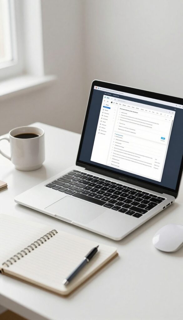 A blogger's desk with laptop showing SEO plugin, coffee mug, and notepad for writing meta titles and descriptions.