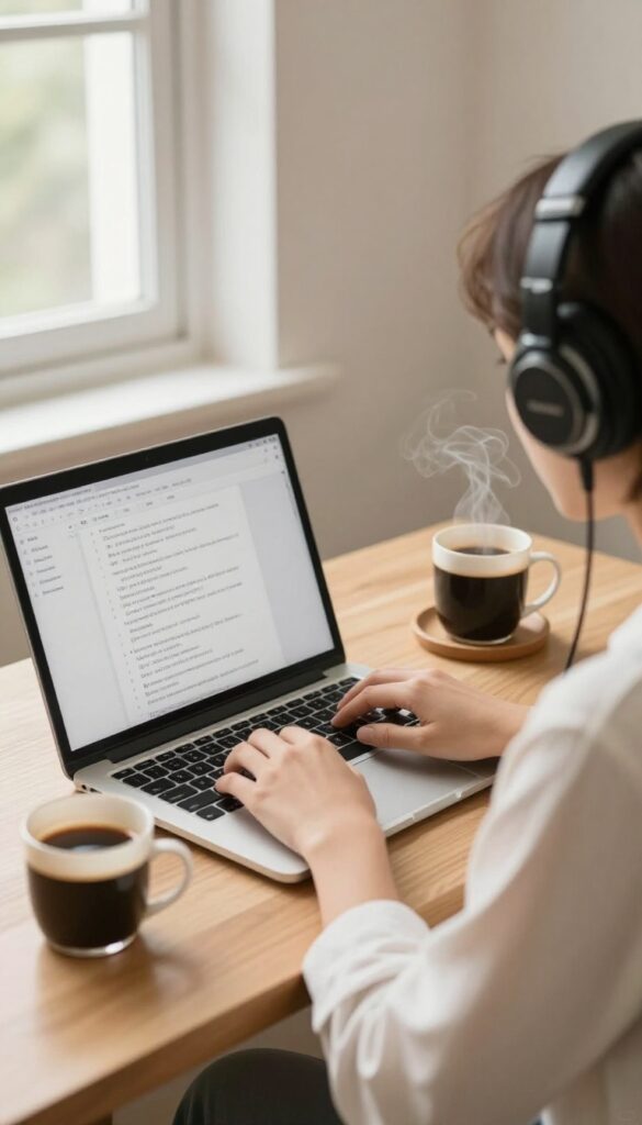 Person working on transcription from home, wearing headphones and typing on laptop