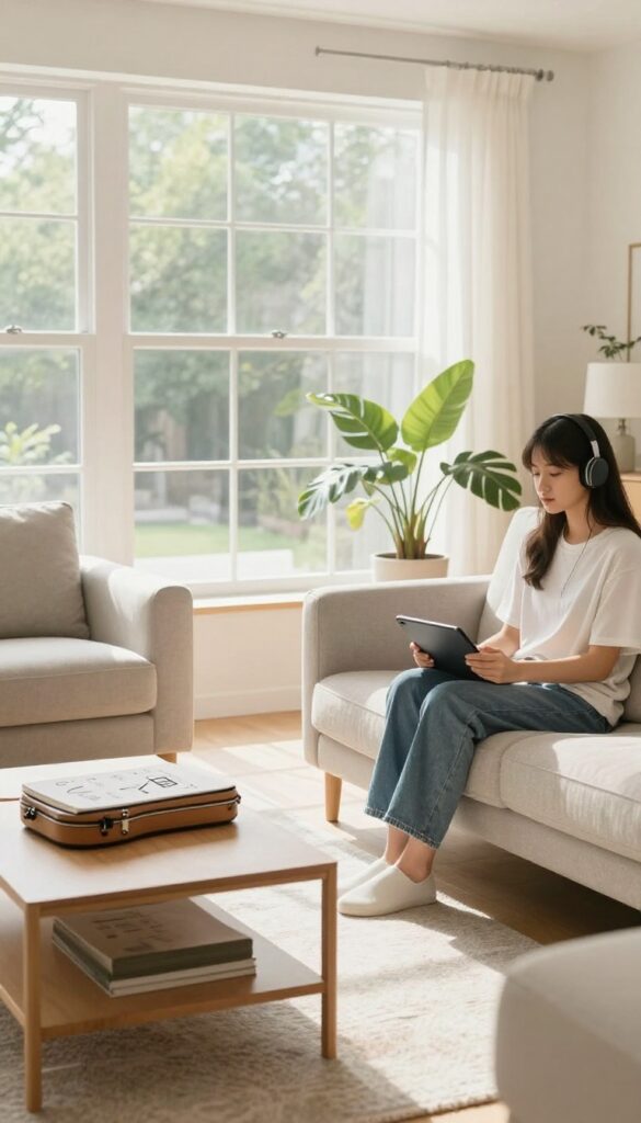 A person tutoring another in a bright, cozy living room with a guitar and textbook on the coffee table.