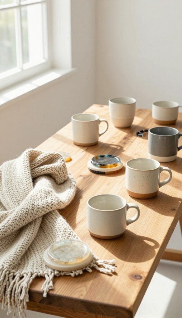 Flat lay of handmade crafts like knitted scarf, resin coasters, and hand-painted mugs on a rustic wooden table in natural light