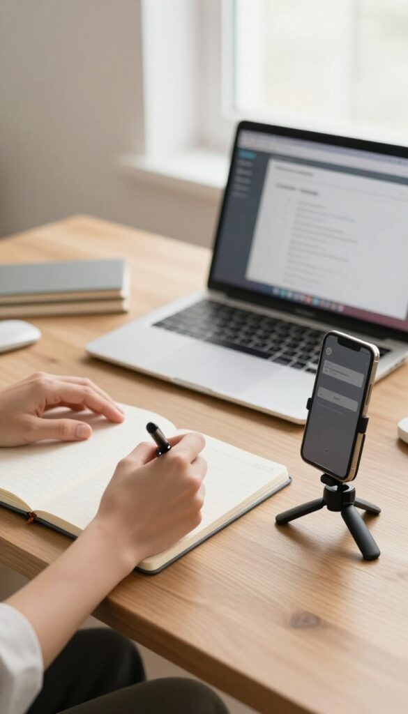 Person recording an online course with smartphone on tripod at desk with laptop and notebook