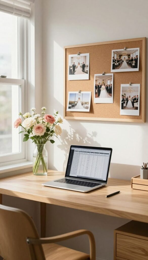 Home office with laptop and event planning materials