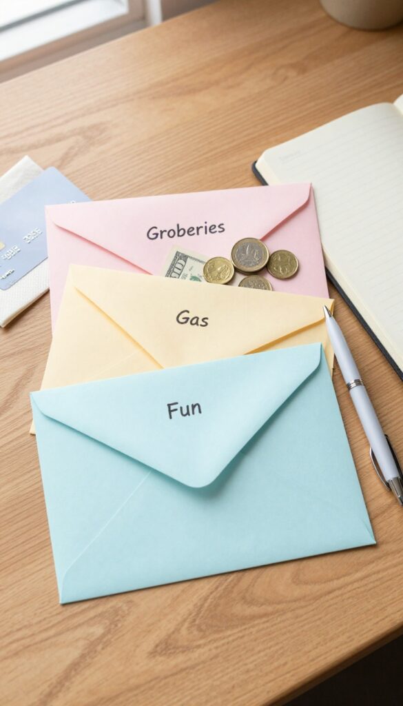 Cash envelope system on a wooden table with labeled envelopes and bills, one credit card aside, bright natural light, minimalist decor.
