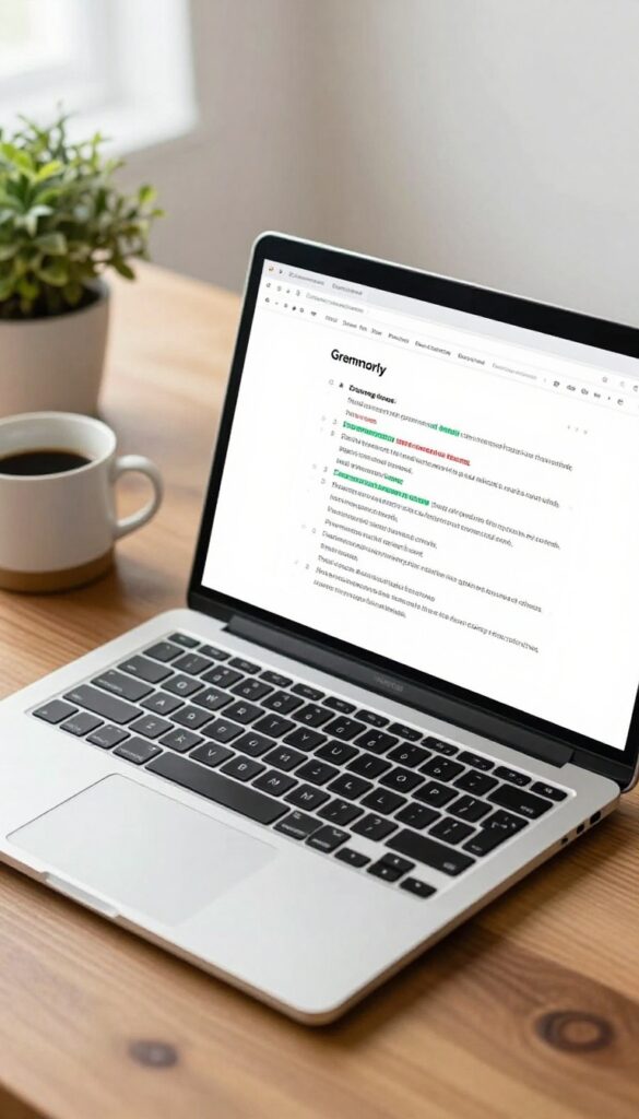 Laptop screen with Grammarly editing interface on a wooden desk with coffee and plant