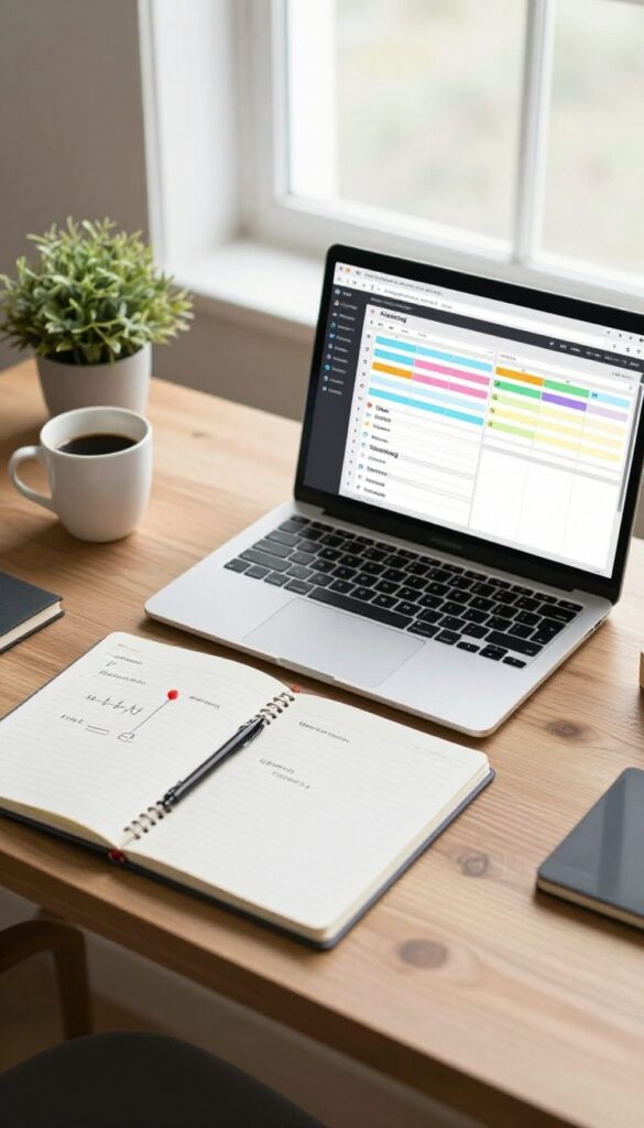 Overhead view of a laptop showing Airtable content calendar with pin status fields, notebook, coffee, and plant on a wooden desk.