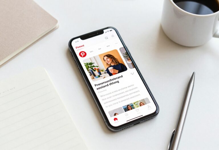 Smartphone displaying a Pinterest pin with a catchy title on a desk with office supplies.