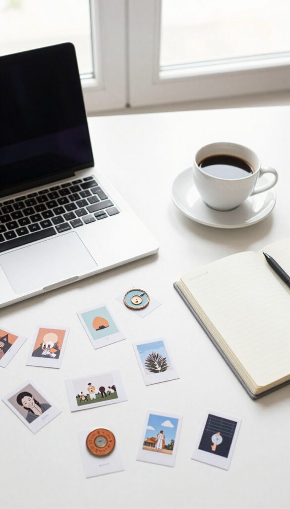 Flat lay of a blogger's desk with multiple pin design variations spread out