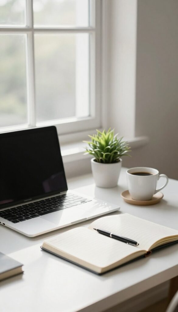 A calm home office desk with laptop, notebook, and plant in natural light, symbolizing patience and consistency in affiliate marketing.