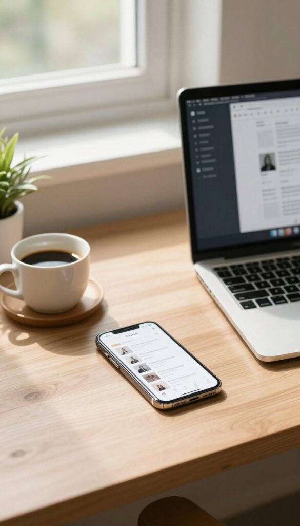Cozy home office with smartphone and laptop showing Pocket app, coffee cup, and plant in natural light