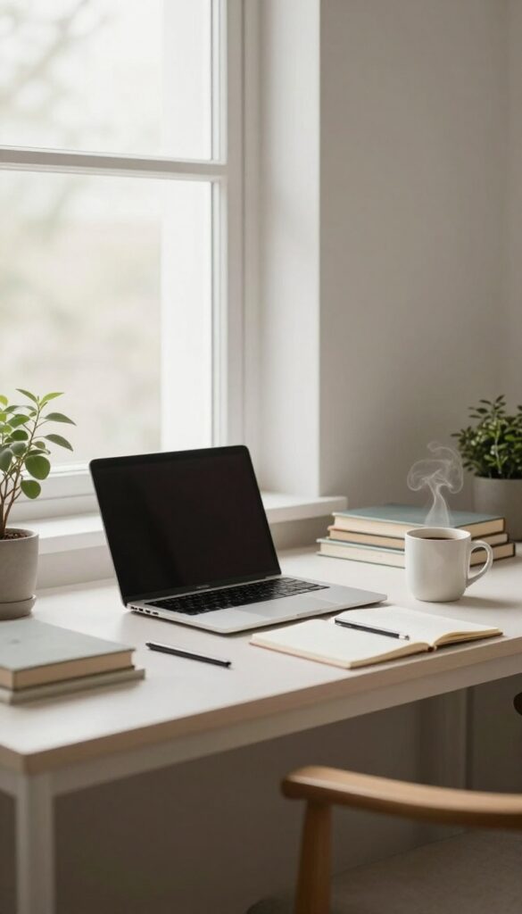 Cozy home office desk with laptop and coffee in natural light