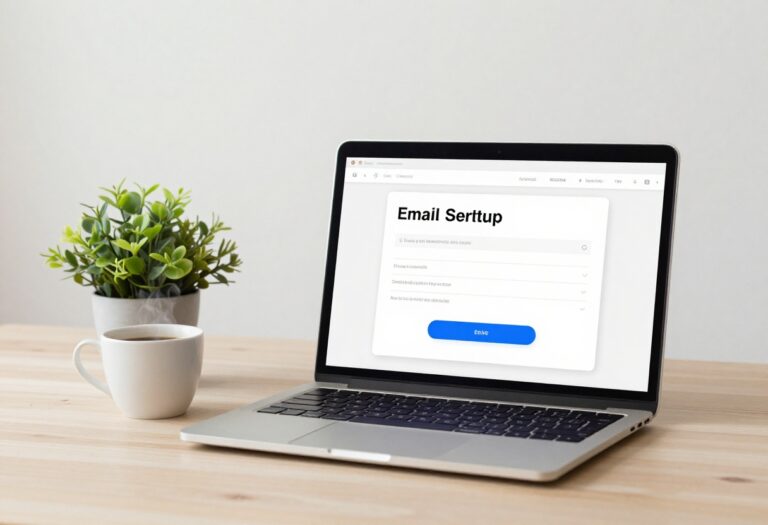 Laptop with email signup form on screen, coffee cup, and plant on a wooden desk