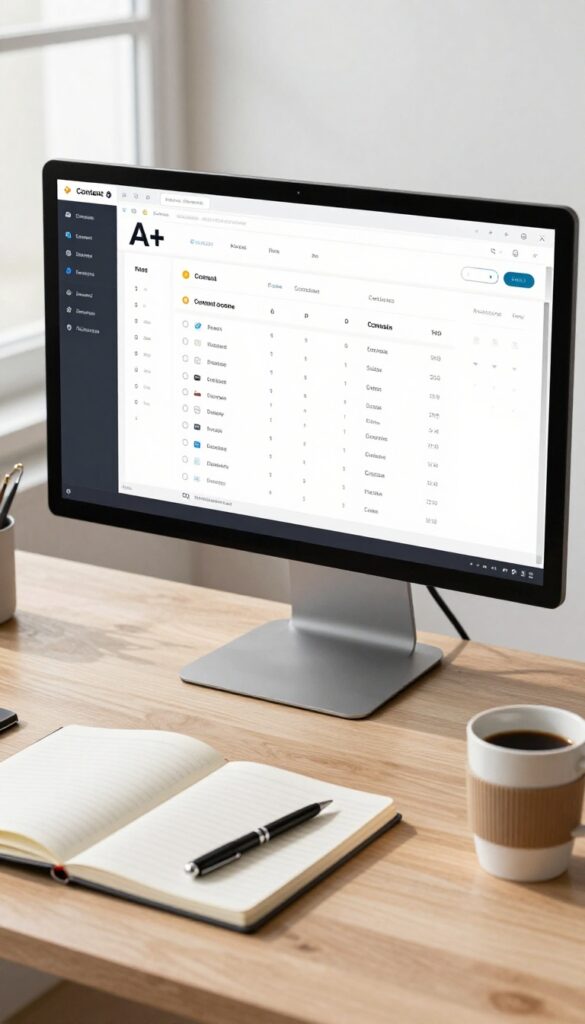 Desk with monitor showing content scoring dashboard