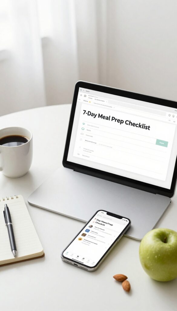 Flat lay of laptop showing email signup form and smartphone with email inbox, alongside coffee, notebook, and healthy snacks.